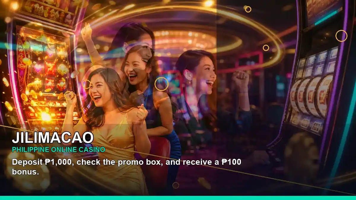 JILIMACAO Philippines casino guide with right-diagonal gold jackpot slot games and an adult Filipina casino host